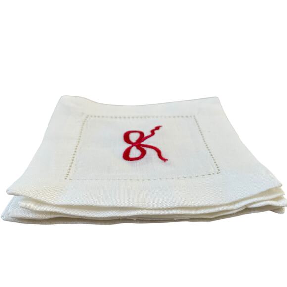 Tiramisu Hand Embroidered Bow Linen Coasters 6x6 Red & White Set of 4 New - Picture 7 of 12